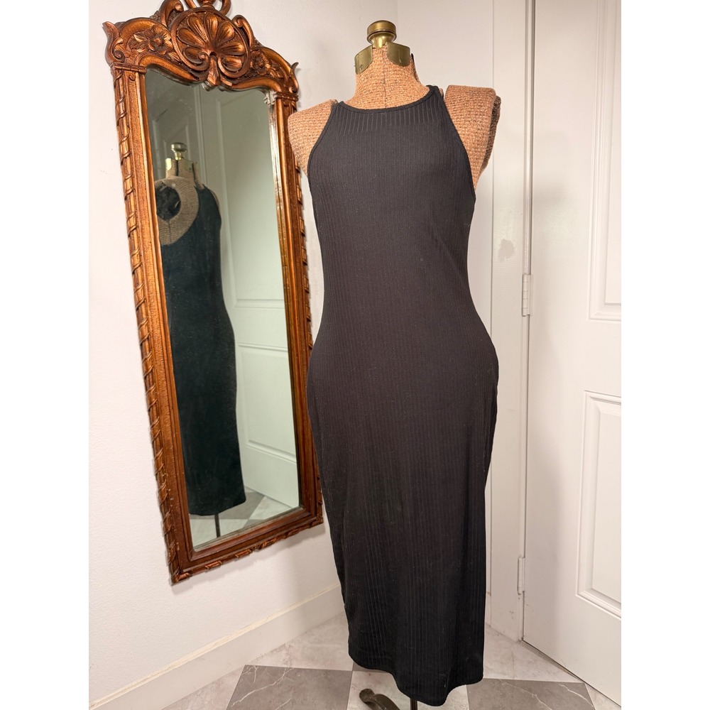 No Boundaries Black Ribbed High Neck Racerback Bodycon Midi Dress Medium 8-10